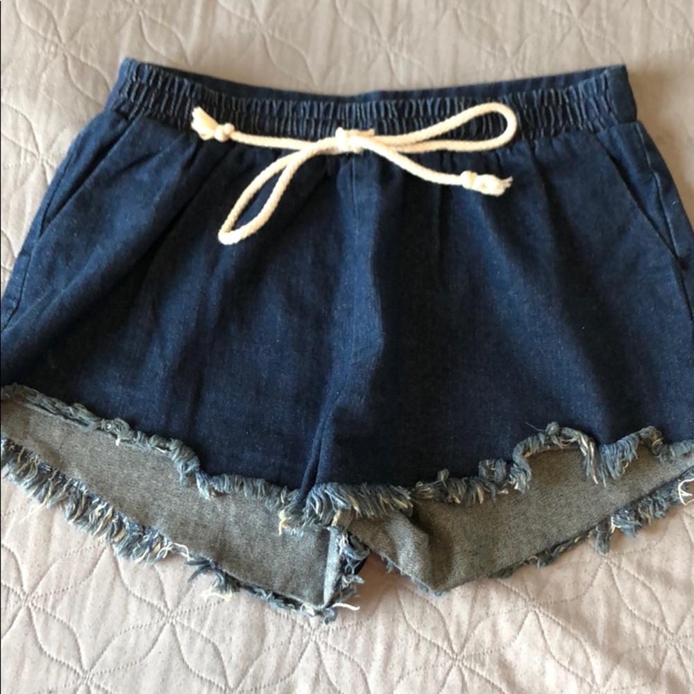 -ellison dark denim frayed drawstring shorts-